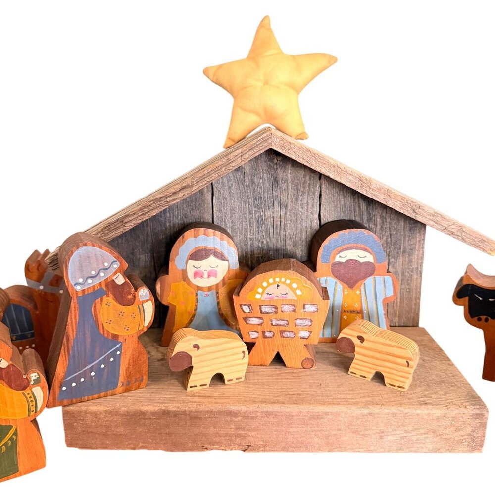 Wood Nativity Set Barn Hand Painted Craftsmen Cottagecore Christmas Homemade - Picture 2 of 6